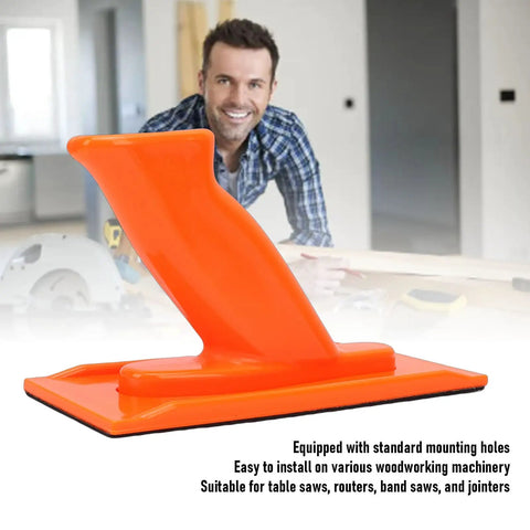 Heavy Duty Non Slip Woodworking Push Block And Safety Push Stick With Ergonomic Tilted Handle Is A Total Kickback Buster, orange, designed for safe use on table saws.
