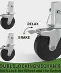 Premium Workhorse Five Inch Baker Scaffold Wheels Set Of Four With Square Stem And Dual Lock Brakes showing double locking mechanism.