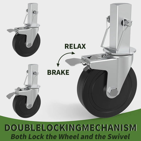 Premium Workhorse Five Inch Baker Scaffold Wheels Set Of Four With Square Stem And Dual Lock Brakes showing double locking mechanism.