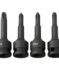 Top Tier 4 Piece Socket Adapter Kit Featuring Ph1 Ph2 Ph3 And Ph4 Cross Bit Heads Designed For 3/8 Drive Electric Wrenches With Forged Chrome Steel Durability Perfect For Gnarly Auto And Home Repair Jobs That Need Serious Torque. 60mm black PH2 PH4 socket adapters