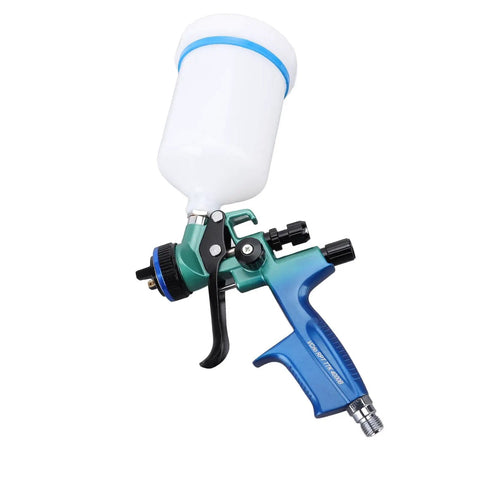 This Savage HVLP Spray Gun Slays On Cabinets And Cars With A 600ml Cup And 1.3mm Nozzle, detailed view of nozzle and reservoir.
