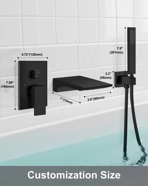 Waterfall Wall Mount Tub Faucet Set With Handheld Sprayer Matte Black Finish Single Handle Tub Filler Solid Brass Construction
