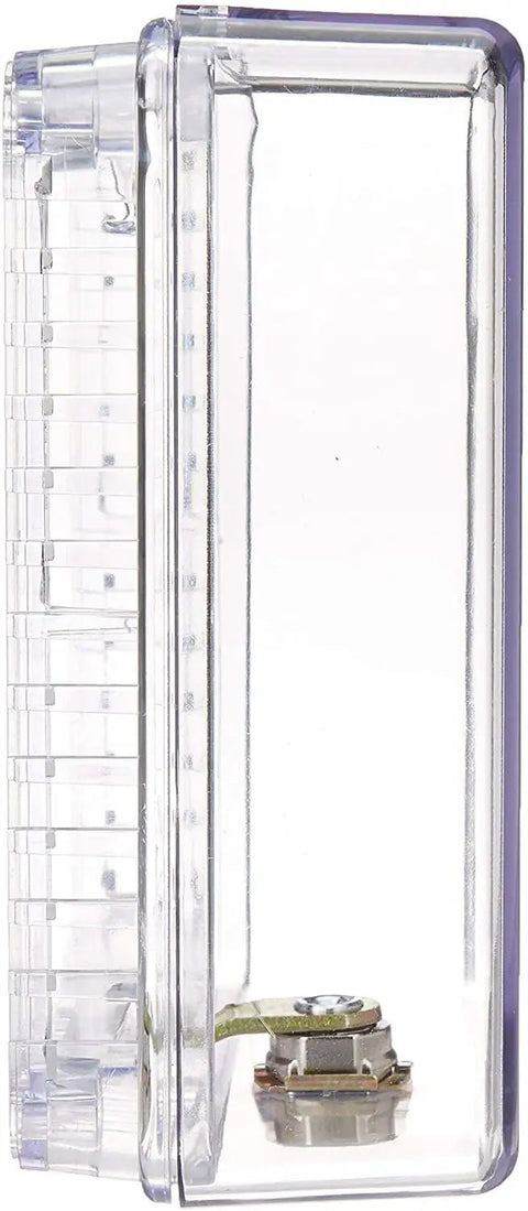 Side view of clear plastic Locking Thermostat Guard Cover For Small 4.375 Inch Square Units with built-in keys and latch.