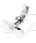 Two Pack Zinc Alloy RV Cabinet Locks With Keys, T Handle Cam Locks For Storage Doors, sleek silver design with dimensions shown.