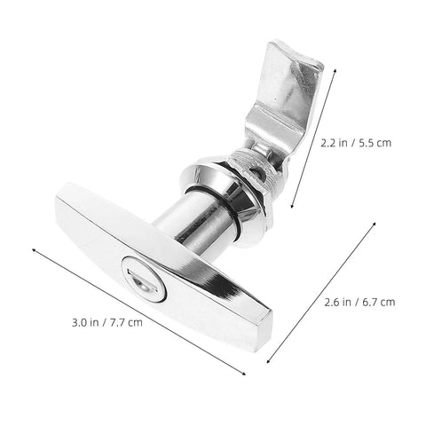 Two Pack Zinc Alloy RV Cabinet Locks With Keys, T Handle Cam Locks For Storage Doors, sleek silver design with dimensions shown.