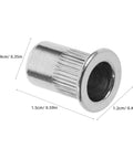 Knurled Flat Head Rivet Nuts Kit Stainless Steel 120 Pieces with dimensions for secure connection DIY projects and furniture decoration