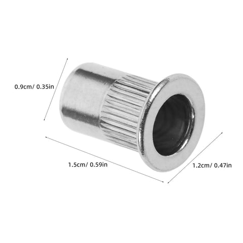 Knurled Flat Head Rivet Nuts Kit Stainless Steel 120 Pieces with dimensions for secure connection DIY projects and furniture decoration