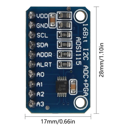 Four Pack Pre-Soldered I2C 16-Bit ADC Module With Four Channels And Programmable Gain Amplifier, top view showing pins