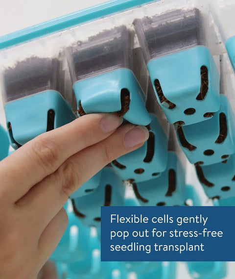 Close-up of hand pressing silicone cell in 36 Cell Reusable Seed Starter Tray For Easy Indoor Seed Starting Of Vegetables Flowers And Herbs