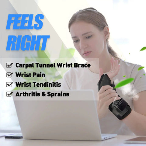 Person wearing Carpal Tunnel Wrist Brace For Pain Relief And Faster Sleep Adjustable For Men And Women Night Splint on right hand