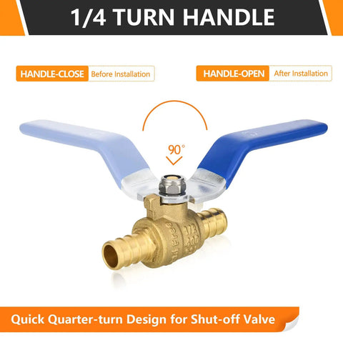Three Quarter Inch Brass PEX Ball Valve With Quarter Turn Shutoff Lead Free NSF ANSI 61 And ASTM F1807 Certified Works With Copper Crimp Rings And Stainless Clamp Systems Durable Home Plumbing Valve, blue handle open