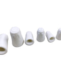 Six white ceramic wire connector caps for 22-14 AWG, 600V high-heat; angled view
