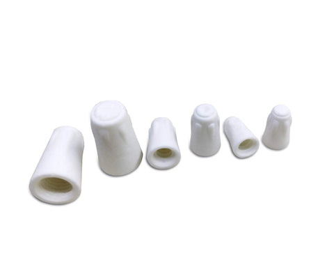 Six white ceramic wire connector caps for 22-14 AWG, 600V high-heat; angled view