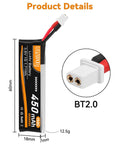 Six Pack 1S FPV Battery 3.8V 450mAh 150C BT2.0 Connector For Tiny Whoop And Brushless Whoop Drones with dimensions