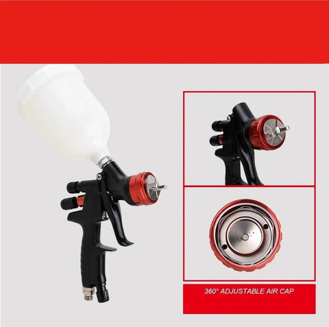 Featherlight Pneumatic Spray Gun With Hard Anodized Aluminum Body, 360° adjustable air cap for precision control.