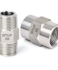304 Stainless Steel Pipe Fitting Hex Nipple And Coupling Kit, Three Eighths Inch NPT Male To Female Threads, Tough Forged Steel Hardware