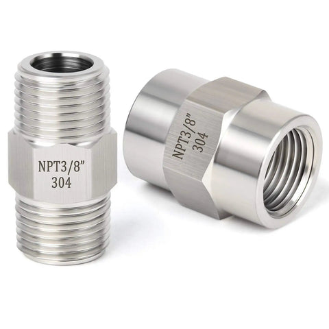 304 Stainless Steel Pipe Fitting Hex Nipple And Coupling Kit, Three Eighths Inch NPT Male To Female Threads, Tough Forged Steel Hardware