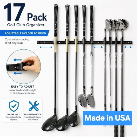 Golf Club Wall Mount Rack For Garage And Golf Room, Organizes 17 Clubs On 36 Inch Aluminum Display, Soft Contact Holders