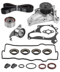 Thinking Process: Subaru timing belt kit with water pump, pulleys, gaskets, and seals arranged on white background