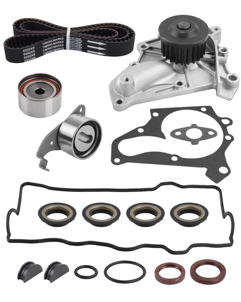 Thinking Process: Subaru timing belt kit with water pump, pulleys, gaskets, and seals arranged on white background