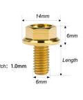 Beefy Titanium Hex Flange Bolts M6 And M8 Set Of Six In Gold Color External Hex Head Screws With Lengths From 10 To 55Mm M6 10 15 20 25 30 35 M8 15 20 25 30 35 40 45 50 55 Grade 5 6Al 4V Titanium Alloy Beefy Fasteners For Bikes And Gear, image showing a gold M6 bolt with measurements.