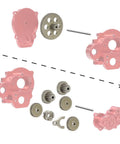 Exploded view of Beefed Up Hardened Steel RC Crawler Transmission Gear Set for 1 by 24 and 1 by 18 scale models with precision parts.