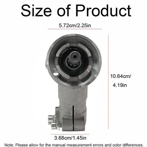 Size dimensions of Precise Meshing Metal Bevel Gear Head For Trimmers 537333802 showing length 10.64cm, width 5.72cm, depth 3.68cm