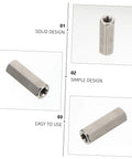 Four Pack Stainless Steel Hexagon Coupling Nuts M6x30mm Heavy Duty Threaded Bar Connectors For Hardware Fastening And Repair Projects Durable Corrosion Resistant Workhorse Set, shown from multiple angles