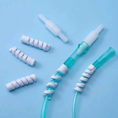 Oxygen tubing connector set with 360-degree rotatable connectors and white spiral clamps on teal tubing (12-pack)