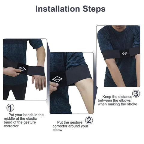 Installation steps for Golf Swing Training Arm Band For Correct Alignment And Gesture, Medium Size, Black, shown on person wearing it.