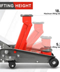 Heavy Duty 3 Ton Hydraulic Floor Jack Red 6600 Lbs Capacity fast lift height range 5.31 to 18.11 inches with wide saddle.