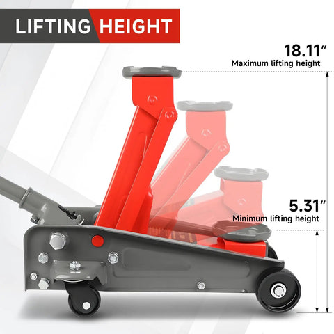 Heavy Duty 3 Ton Hydraulic Floor Jack Red 6600 Lbs Capacity fast lift height range 5.31 to 18.11 inches with wide saddle.