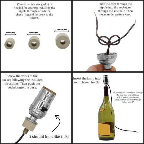 DIY Bottle Lamp Kit With Adapters For Liquor And Wine Bottles Socket And Harp In Black Finish Includes Three Rubber Adapters
