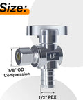 Angle Stop Valve Set Ten Pack One Half Inch Pex To Three Eighths Inch OD Compression Easy Install Quarter Turn Water Shut Off Valves With Clamp Rings Lead Free Solid Brass For Copper Pex CPVC Piping, showing size dimensions on white background.