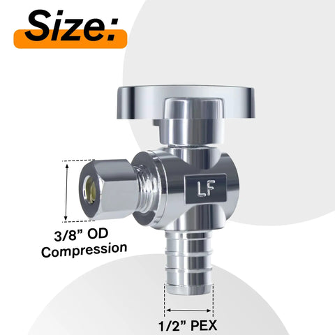 Angle Stop Valve Set Ten Pack One Half Inch Pex To Three Eighths Inch OD Compression Easy Install Quarter Turn Water Shut Off Valves With Clamp Rings Lead Free Solid Brass For Copper Pex CPVC Piping, showing size dimensions on white background.