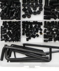 Screw Assortment Kit With Hex Drive Cup Point Grub Screws 1145-Piece SAE And Metric Set Includes Custom Hex Keys And Tweezers For Home Repairs, DIY Projects, And Handy Fixes., black hex drive grub screws in organized plastic case with hex keys