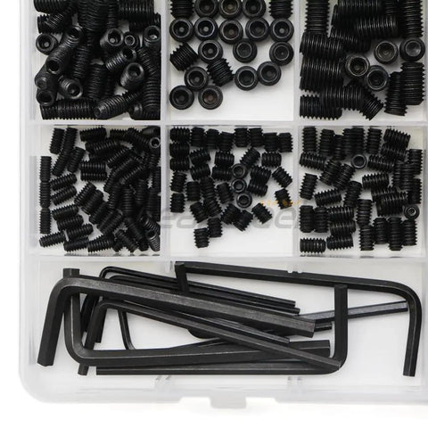 Screw Assortment Kit With Hex Drive Cup Point Grub Screws 1145-Piece SAE And Metric Set Includes Custom Hex Keys And Tweezers For Home Repairs, DIY Projects, And Handy Fixes., black hex drive grub screws in organized plastic case with hex keys
