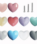 Colorful Ceramic Heart Drawer Knobs Set With Three Screw Sizes, 10 mixed color knobs and screws for dresser, closet, and wardrobe.