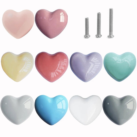 Colorful Ceramic Heart Drawer Knobs Set With Three Screw Sizes, 10 mixed color knobs and screws for dresser, closet, and wardrobe.