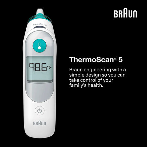 Digital Ear Thermometer With Easy Read Display For Kids And Adults, Fast Accurate Readings, Includes 2 AA Batteries, Protective Cap, And 21 Hygiene Caps For The Whole Family, Keeps Lens Clean For Reliable Temperature Readings. white Braun ThermoScan 5 with display