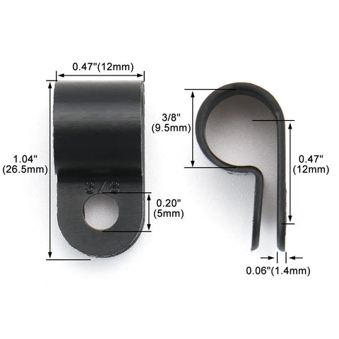 R Type 3/8 Inch Cable Clamps 100 Pack Black PA66 Nylon Wire Management Clips UC 2 Screw On Cord Fasteners, dimensions shown