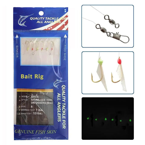 Glow In The Dark Saltwater Fishing Bait Rig Set 15 Pack With Real Fish Skin Sharp Hooks And Durable Swivels in packaging