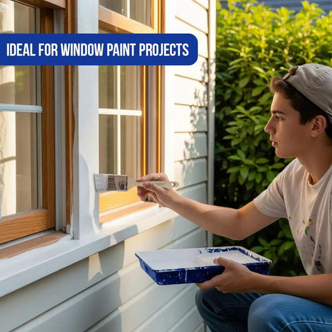 Man using 1 inch flat brush from Must-Have 5 Piece Paint Brush Set with latex paint on window trim exterior project