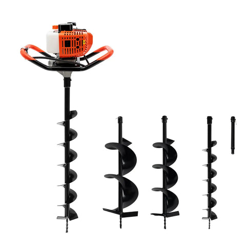 Rugged 52cc Post Hole Digger Auger With 3 Drill Bits 4 In 6 In 8 In Extension Bar Safety Goggles And Tool Kit For Farmland Garden And Planting 8500 RPM Max With Aluminum Gearbox For Tough Soil Or Sandy Ground