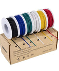 Six spools of Solid 22 AWG Hookup Wire Kit with color-coded wires on a cardboard box, each 30 feet, PVC insulated for Arduino use.