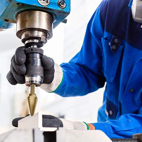 Person using drill with Beefy Six Piece Countersink Step Drill Bit Set With Automatic Center Punch HSS Cobalt Titanium Drill Bits