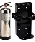 Two Pack 2.5 Gallon Water Fire Extinguishers For Class A Combustibles With Wall Mount Brackets And Warning Signs UL Certified stainless steel tank and black mounting bracket.