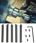 Heavy Duty 5 Pack Quarter Inch Indexable Carbide Insert Set With Hex Wrench And Screws For Metal Lathe Turning facing boring chamfering threading, with five carbide inserts and wrench.
