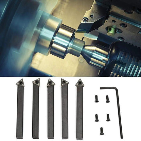 Heavy Duty 5 Pack Quarter Inch Indexable Carbide Insert Set With Hex Wrench And Screws For Metal Lathe Turning facing boring chamfering threading, with five carbide inserts and wrench.
