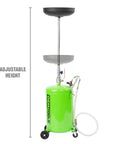 18 Gallon Spillproof Portable Oil Drain Pan With Rolling Cart And Steel Waste Oil Container For Easy Oil Changes Collects Motor Oil, Transmission Fluid And Coolant Funnel Drain Great For Under Lift Maintenance, showing adjustable height feature.